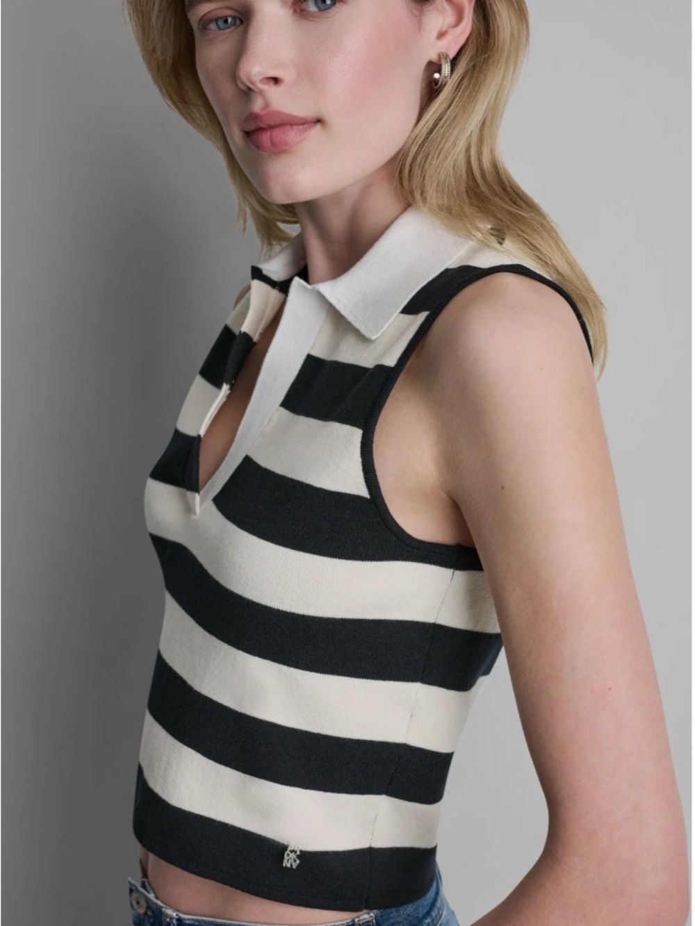 DKNY Black and Cream Striped Sleeveless Polo Tank